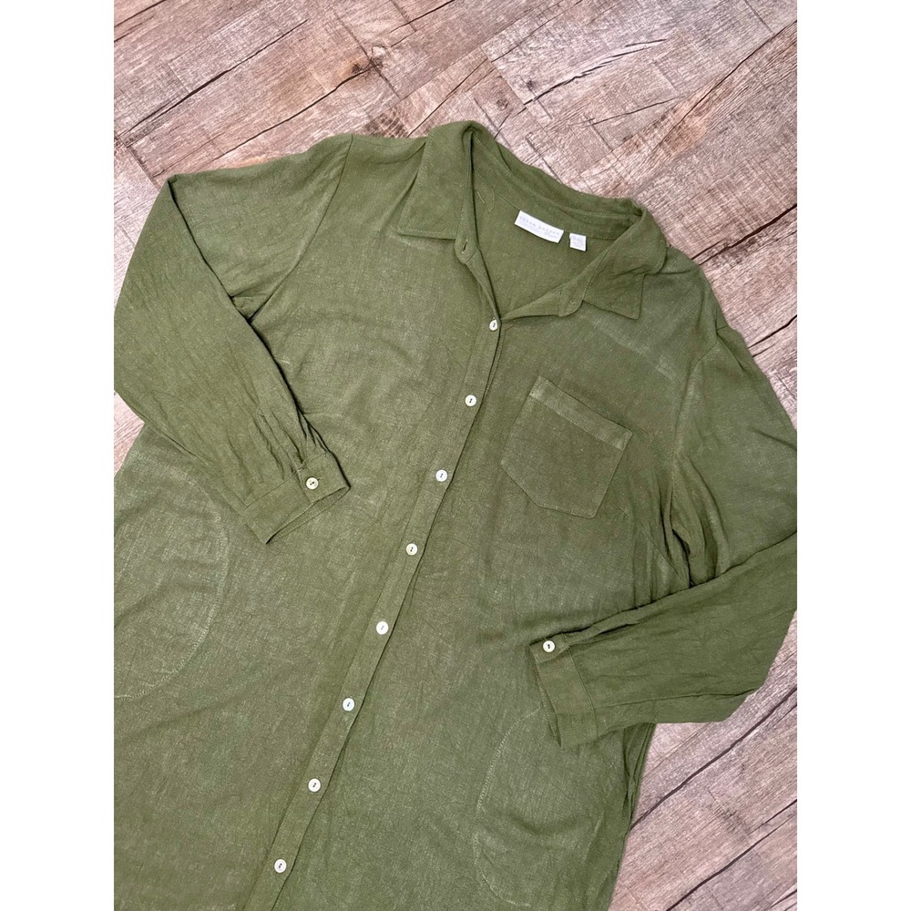 Susan Graver Olive Green Linen Blend Button Front Pocket Shirt Dress LP